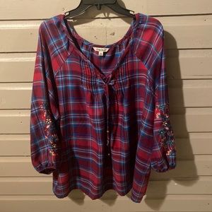 Pioneer woman shirt XXL size polyester Rayon NWOT dark Red multi colored plaid